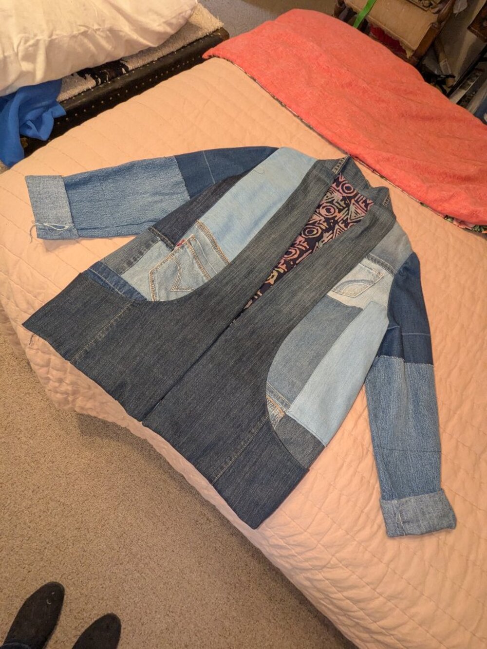 Handmade Statement Jacket Crafted from Denim Jeans Lined Many Pockets